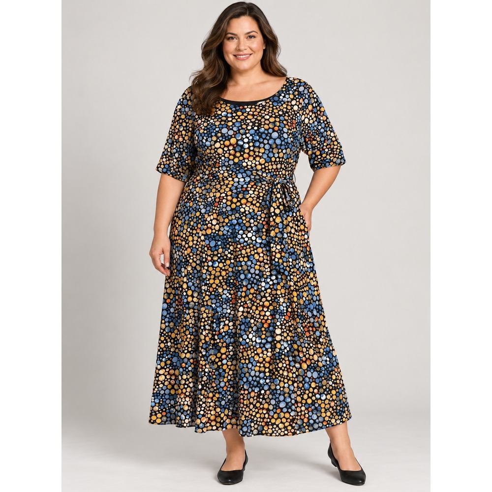 Kasper Womens Maxi Dress 20W Plus Size Polka Dot Short Sleeve Belted Multicolor